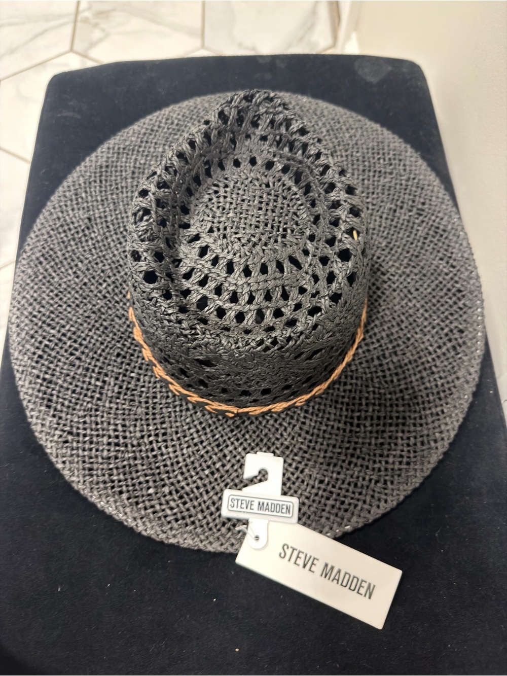 Steve Madden Black Straw Fedora with Braided Tan Band